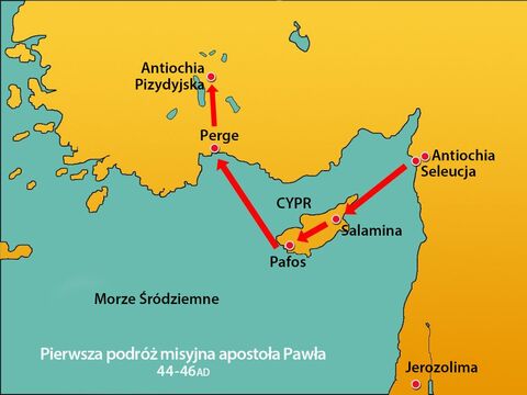 Paweł i Barnaba poszli w głąb lądu, w kierunku regionu Pizydia, do jego stolicy zwanej Antiochią. Antiochia Pizydyjska była ważnym miastem na skrzyżowaniu kilku szlaków handlowych. – Slajd 4