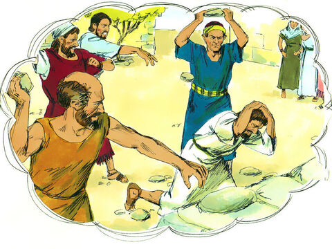 Tłum pogan i Żydów wraz z przywódcami zaplanował atak na Pawła i Barnabę, aby ich ukamienować. – Slajd 14