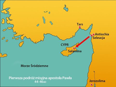 Misjonarze wysiedli na ląd w porcie Salamina, na zachodnim wybrzeżu. <br/> – Slajd 12