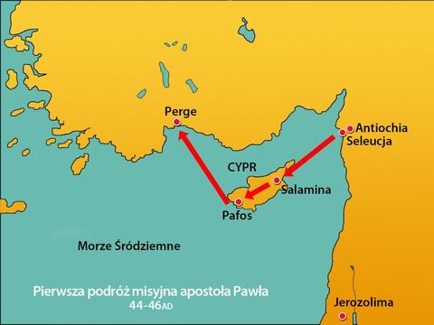 W Pafos, Paweł, Barnaba i Marek wsiedli na statek do Perge i  kontynuowali swoją podróż. <br/> – Slajd 19