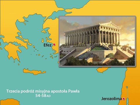 W Efezie była świątynia greckiej bogini Artemidy (jej rzymskim odpowiednikiem była Diana). Ludzie z wszystkich okolicznych terenów pielgrzymowali do tej świątyni. – Slajd 2