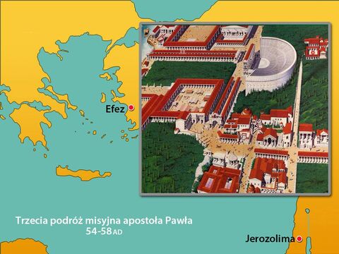 Rozgniewany tłum ruszył w kierunku amfiteatru, czyli ogromnego stadionu w Efezie, który mógł pomieścić ok. 25 tys. ludzi (plansza u góry pokazuje umiejscowienie amfiteatru).<br/> – Slajd 6