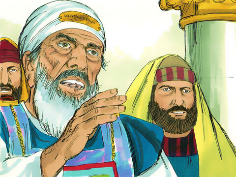 A potem oskarżył Pawła: „Ten człowiek sieje niezgodę wśród Żydów na świecie i jest przywódcą sekty nazarejczyków. Usiłował on zbezcześcić naszą świątynię i dlatego go aresztowaliśmy”. Pozostali Żydzi poświadczyli, że to prawda. – Slajd 2