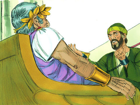 Po objęciu władzy przez Porcjusza Festusa żydowscy przywódcy poprosili go, aby sprowadził Pawła na proces do Jerozolimy (mieli zamiar urządzić po drodze zasadzkę i zabić go). Festus jednak zgodził się tylko na nowy proces w Cezarei. Wtedy Paweł bronił się przed zarzutami oskarżycieli: „Nie popełniłem żadnego przestępstwa przeciwko prawu żydowskiemu ani przeciwko świątyni, ani przeciwko cesarzowi rzymskiemu”.<br/> – Slajd 1