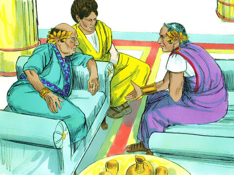 Po upływie kilku dni król Agryppa i jego siostra Berenike przybyli do Festusa, aby go przywitać. Rozmawiali o sprawie Pawła i wtedy Agryppa powiedział: „Chętnie posłucham tego człowieka”. Festus odpowiedział: „Dobrze, jutro go usłyszysz”. – Slajd 5