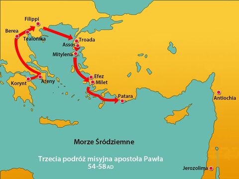 Po rozstaniu ze starszymi z Efezu Paweł popłynął prosto na wyspę Kos. Następnego dnia dotarli do Rodos, a stamtąd do Patary. – Slajd 1