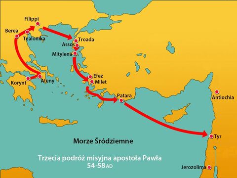 Minęli Cypr, zostawiając go po lewej stronie, i popłynęli do portu w Tyrze, w Syrii. Statek zawinął tam w celu rozładunku.<br/> – Slajd 3