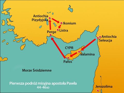 Po ucieczce z Ikonium, Paweł i Barnaba podróżowali na południe do miasta Listra. – Slajd 1