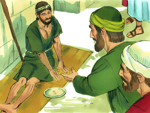 W Listrze zobaczyli mężczyznę chromego od urodzenia. Siedział i słuchał zwiastowania Pawła. Apostoł popatrzył na niego i dostrzegł wiarę potrzebną do uzdrowienia. – Slajd 2
