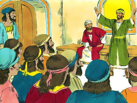 Paweł i Barnaba zebrali wierzących z Antiochii razem i opowiedzieli o wszystkim, co Bóg przez nich uczynił i jak pogan zmienił w naśladowców Jezusa. W Antiochii zostali dłużej i zachęcali miejscowych wierzących.<br/> – Slajd 13