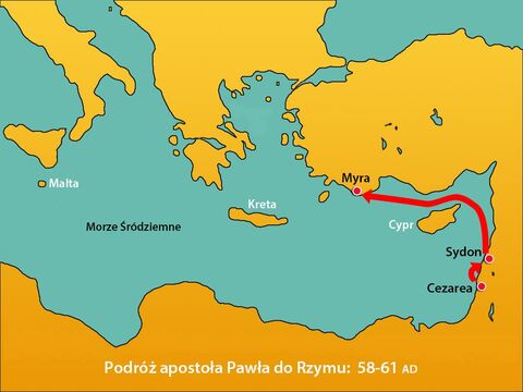 Kiedy znów wypłynęli w morze, napotkali silne wiatry, które uniemożliwiły im trzymanie się wyznaczonego kursu. Opłynęli zatem Cypr, wybrzeże Cylicji i Pamfilii i przybyli do Myry.<br/> – Slajd 3