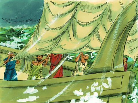 Odcięli więc kotwice, uwolnili ster z lin i postawili przedni żagiel. Wówczas okręt zaczął płynąć w kierunku lądu. – Slajd 23