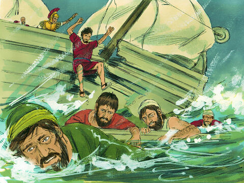 Wszystkim, którzy umieli pływać, rozkazał wyskoczyć za burtę i dopłynąć do brzegu. Pozostali zaś mieli ratować się na deskach i innych częściach rozbitego statku. – Slajd 26