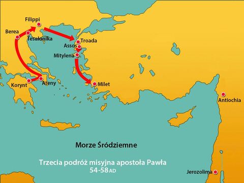 Paweł i jego towarzysze udali się do Assos, gdzie wsiedli na statek do Mityleny. Następnego dnia dotarli naprzeciw Chios, na drugi dzień zawinęli do Samos, a trzeciego dnia przybyli do Miletu. – Slajd 14