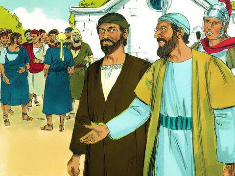 Korneliusz natychmiast posłał do Jafy dwóch służących i pewnego pobożnego żołnierza ze swojej straży przybocznej. – Slajd 5