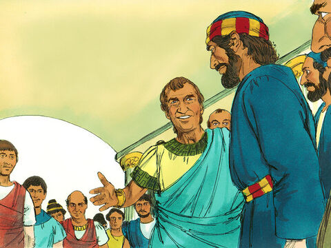 Korneliusz zaprosił do siebie krewnych i przyjaciół. A kiedy przybył Piotr, padł mu do nóg i oddał pokłon. Piotr jednak powiedział: „Wstań! Ja też jestem tylko człowiekiem”. – Slajd 11