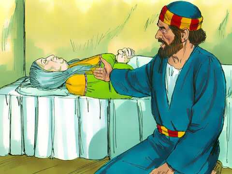 Piotr kazał wszystkim wyjść z pokoju, a sam padł na kolana i modlił się. Potem zwrócił się do ciała i powiedział:  „Tabito, wstań!”. – Slajd 9