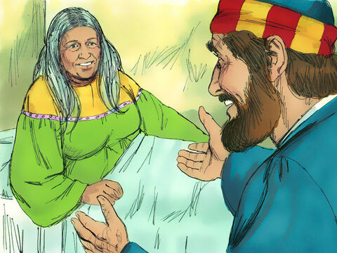 Tabita otworzyła oczy i usiadła, a Piotr podał jej rękę i pomógł wstać. – Slajd 10