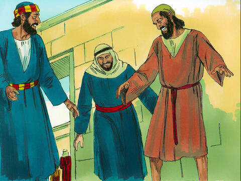 Kiedy Piotr powiedział do chromego od urodzenia, który miał teraz ponad 40 lat, aby wstał i chodził w imieniu Jezusa, człowiek ten wszedł na dziedziniec świątyni. Zaczął tam skakać i wielbić Boga (Dzieje Apostolskie 3). – Slajd 1
