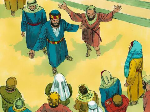 Zebrał się tłum, ponieważ ludzie byli zdumieni tym cudem. Piotr powiedział im, że człowiek ten został uzdrowiony w imieniu Jezusa, którego oni wydali na ukrzyżowanie. Później obwieścił, że Jezus zmartwychwstał. – Slajd 2
