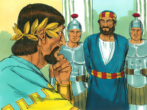 Następnie Herod aresztował Piotra. Po święcie Paschy zamierzał urządzić mu publiczny proces. Piotra pilnowały bez przerwy cztery czteroosobowe oddziały żołnierzy. – Slajd 2