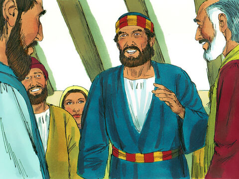 Gdy w końcu otworzyli drzwi, doznali szoku. Piotr dał im znak ręką, by zamilkli i opowiedział, jak anioł wyprowadził go z więzienia. „Przekażcie to Jakubowi i innym wierzącym” – powiedział, a potem poszedł znaleźć sobie bezpieczną kryjówkę. – Slajd 10