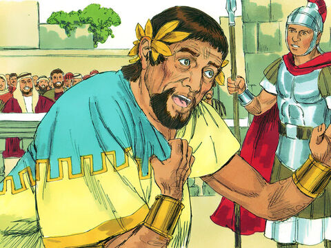 Jakiś czas później król Herod udał się do Cezarei. Włożył królewskie szaty i przemówił publicznie, a ludzie wołali: „To jest głos Boga, nie człowieka!”.  Król cieszył się i przyjmował te pochlebstwa. Wtedy poraził go anioł Pana, tak że umarł. <br/> – Slajd 12