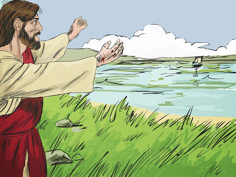Rano Jezus stanął na brzegu. Uczniowie jednak Go nie rozpoznali. Jezus zapytał ich: „Dzieci! Macie coś do jedzenia?”. Odpowiedzieli Mu: „Nie”. – Slajd 3