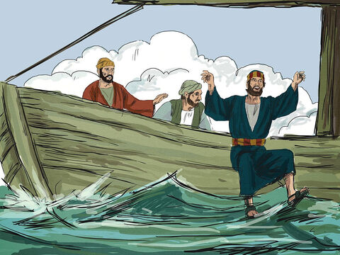 Wtedy Jan powiedział do Piotra: „To jest Pan!”. Gdy Szymon Piotr usłyszał, że to Pan, nałożył ubranie – bo był rozebrany jak do pracy – skoczył do wody i popłynął do Jezusa. – Slajd 6