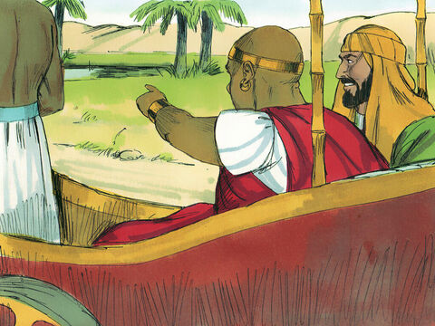 W trakcie podróży dotarli nad jakąś wodę i Etiopczyk powiedział: „Popatrz, tu jest woda. Czy jest jakaś przeszkoda, abym został ochrzczony?”. Następnie kazał zatrzymać powóz.<br/> – Slajd 9