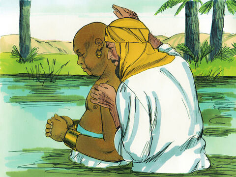 Obaj zeszli do wody i Filip ochrzcił urzędnika. Gdy wyszli z wody, Duch Pana zabrał Filipa i znalazł się on w Azocie. Kierując się w stronę Cezarei, Filip głosił Ewangelię we wszystkich okolicznych miastach. – Slajd 10