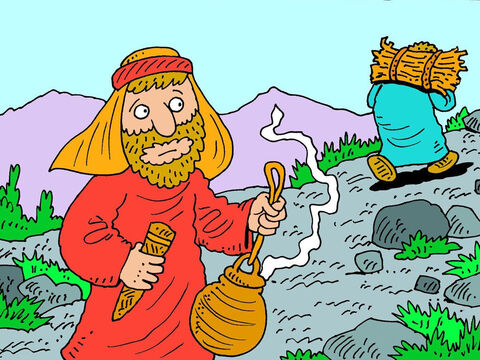 Abraham zabrał ze sobą również ogień w glinianym naczyniu i nóż. Następnie obaj wyruszyli na górę, żeby zbudować ołtarz. – Slajd 9
