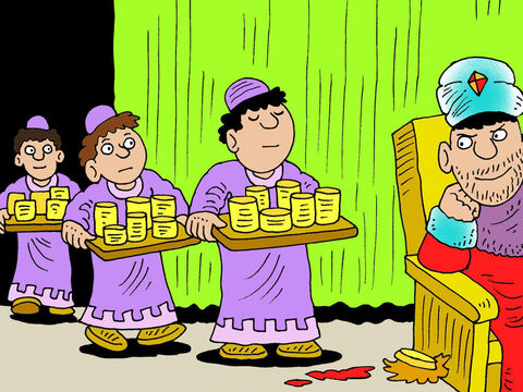 Słudzy pospiesznie przynieśli złote i srebrne puchary zrabowane ze świątyni Bożej w Jerozolimie, gdy Babilończycy zdobyli miasto. – Slajd 7
