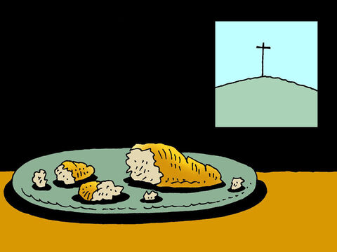 Łamanie chleba w ten sposób miało nam przypominać, że Jezus cierpiał i umarł, abyśmy mogli otrzymać przebaczenie za wszystkie złe rzeczy, które robimy. – Slajd 4
