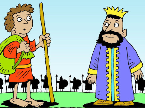 Za kogo uważa się Goliat? zapytał Dawid swoich braci. Ten Filistyn szydzi z wojsk Bożych. Będę z nim walczył". Oni zaś odnosili się lekceważąco do najmłodszego brata: "Dlaczego nie doglądasz stada owiec naszego ojca?". Ale wieść o gotowości Dawida do walki dotarła do króla Saula, który posłał po niego. – Slajd 7