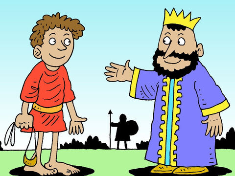 Saul zapytał Dawida: 'Młodzieńcze, czyim jesteś synem?'<br/>'Jestem synem twojego sługi Jessego z Betlejem' - odpowiedział Dawid. Król Saul nie wiedział, że pewnego dnia ten młody człowiek, który zaufał Bogu, zostanie następnym królem Izraela. – Slajd 31