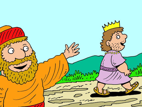 Król podziękował Ehudowi za hołd i już miał odejść, gdy Ehud zawołał go. 'Mam dla ciebie tajną wiadomość', powiedział Ehud.<br/>'Spotkaj się ze mną w moim letnim pałacu' - odpowiedział król Eglon. – Slajd 11