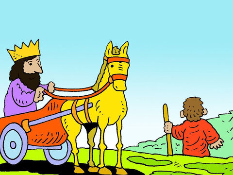 Król Achab poszedł więc jeść i pić. Eliasz wraz ze swoim sługą wspiął się na szczyt góry Karmel. – Slajd 38