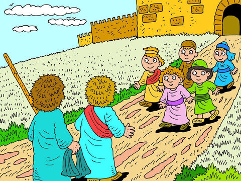 Kiedy dotarli do Jerycha, inny tłum młodych proroków wyszedł im na spotkanie i powiedzieli Elizeuszowi to samo - że Eliasz zostanie zabrany właśnie tego dnia. 'Wiem' - odpowiedział Elizeusz - 'Proszę, nie mów o tym'. – Slajd 5
