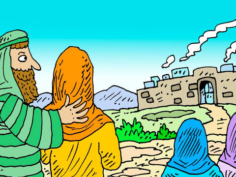 Lot rozejrzał się i zobaczył okolicę Jordanu, która miała dużo wody i żyznej ziemi. Lot rozbił swoje namioty niedaleko miasta Sodomy. Abram poszedł w drugą stronę i zamieszkał niedaleko Hebronu, gdzie zbudował ołtarz dla Pana. – Slajd 3