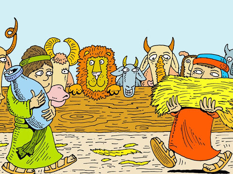 Noe umieścił zwierzęta w zagrodach na dolnym, środkowym i górnym piętrze arki. Siedem dni później nadeszła powódź. Bóg zamknął drzwi arki. – Slajd 16