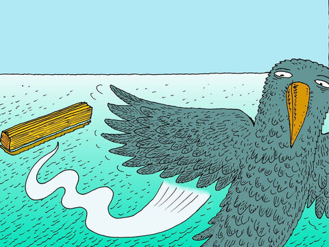 Noe wysłał kruka, żeby sprawdził czy będzie mógł wylądować, ale nie mógł. Potem wysłał gołębicę, ale ona też wróciła do łodzi, ponieważ nie mogła znaleźć miejsca do lądowania. – Slajd 21