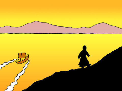 Po nakarmieniu ponad pięciu  tysięcy osób pięcioma chlebami i dwiema rybami, Jezus kazał swoim uczniom wsiąść do łodzi i popłynąć przed Nim na drugą stronę Jeziora Galilejskiego. Następnie sam udał się na zbocze góry, aby się modlić. – Slajd 1