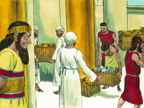 A wszyscy, którzy mieszkali wokół nich, hojnie ich wspierali. Król Cyrus zwrócił 5400 drogocennych sprzętów ze złota i srebra, które Babilończycy zabrali ze świątyni. Przekazał je księciu judzkiemu Szeszbassarowi. – Slajd 7