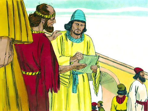 Przeciwnicy napisali skargę do króla Dariusza, w której donosili o odbudowie świątyni. Napisali, że Judejczycy powołują się na pozwolenie króla Cyrusa na odbudowę świątyni i zwrot złotych oraz srebrnych naczyń zabranych ze świątyni. – Slajd 5