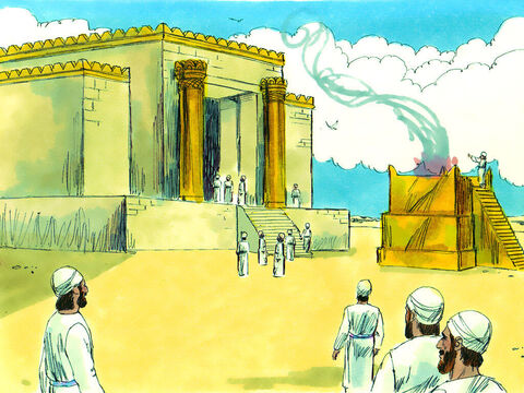 Świątynia została ukończona w szóstym roku panowania króla Dariusza i lud zebrał się na jej poświęcenie. – Slajd 11