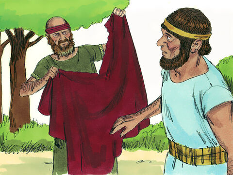 Pewnego dnia, kiedy Jeroboam szedł z Jerozolimy, spotkał na swej drodze proroka Achiasza z Sylo, który był ubrany w nowy płaszcz. Byli na polu całkiem sami. – Slajd 7