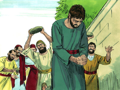 Gdy potem król Rechabeam posłał do ludu Adonirama, zarządcę przymusowych robót, Izraelici ukamienowali go. Wówczas król czym prędzej wskoczył na rydwan i uciekł do Jerozolimy. – Slajd 19