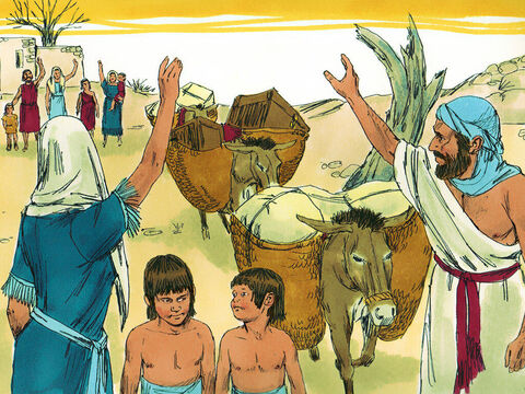 Elimelek i jego żona Noemi mieli dwóch synów, Machlona i Kiliona. Mieszkali w mieście Dawidowym, Betlejem w Judzie. Kiedy w ich kraju zapanował głód, postanowili opuścić swoją ojczyznę w poszukiwaniu jedzenia. – Slajd 1