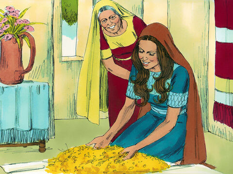 Potem Rut wymłóciła zebrane zboże, a było tego bardzo dużo, bo około efy jęczmienia (czyli ok. 13 kg). Zaniosła go Noemi i dała jej również to, co pozostało jej z posiłku. – Slajd 9